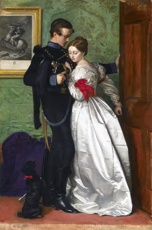 Victory or Death by John Everett Millias, a painting of a man stopped by a woman and dog from leaving the house and going to war.