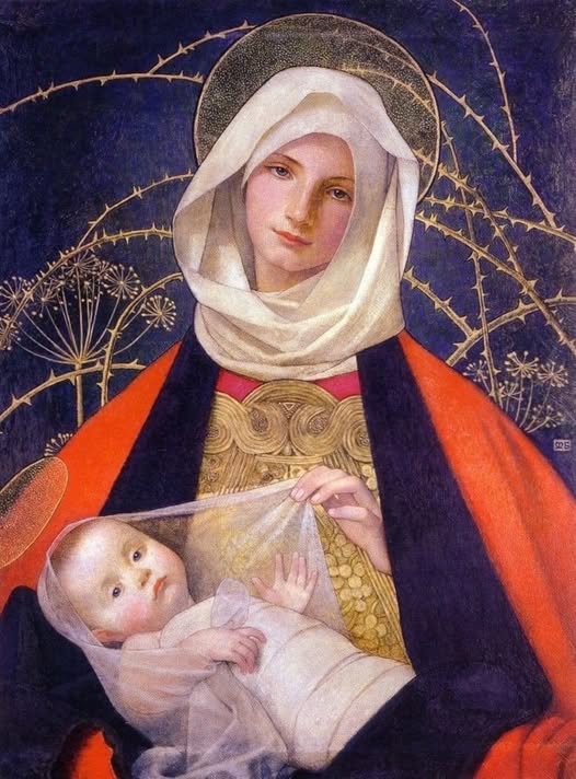 Madonna and Child (1905) painted with tempera paint by the Austrian artist Marianne Stokes (1855-1927). It’s a modern adaptation of an icon painting of Virgin Mary and Baby Jesus. The artist probably was inspired by some icon paintings she saw in current-day Croatia, to create her own version of it with brambles of thorns in the background.⁣