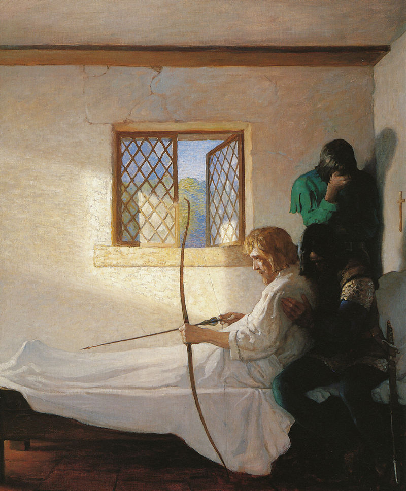 In Robin Hood's Death, by Newell Convers Wyeth, Robin travels to Kirklees Priory, but is betrayed by his cousin, the prioress. She improperly takes too much blood while bloodletting Robin, and in one version Robin is also stabbed with a sword by a nemesis called Red Roger. Robin Hood's Grave is a monument to the final action in the story of the later version, where Robin fires one last arrow into the air and asks to be buried where it lands.