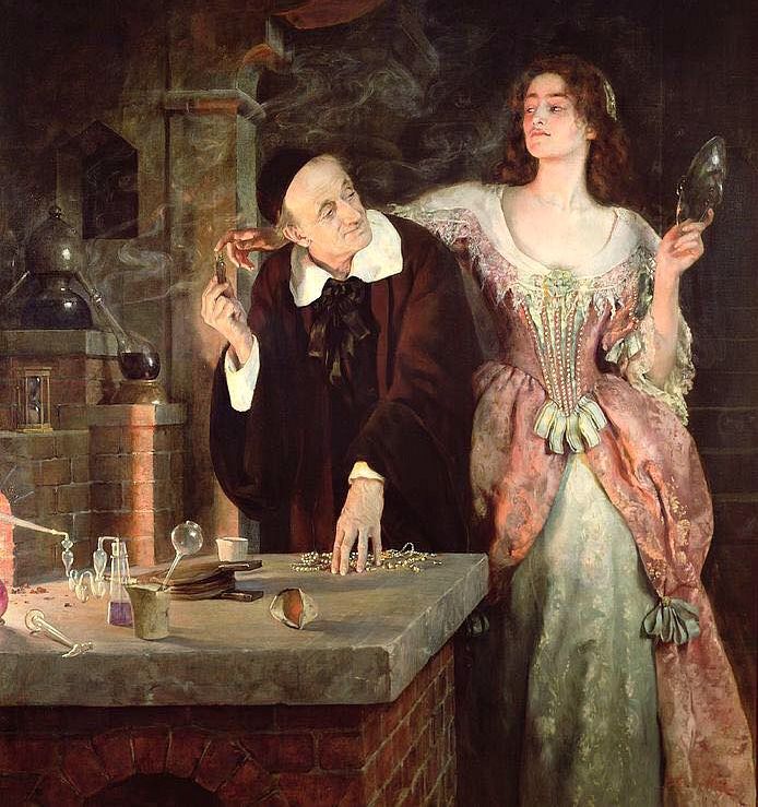 The Laboratory by John Collier. A girl stands in the apothecary, holding a mask as protection against fumes to the side