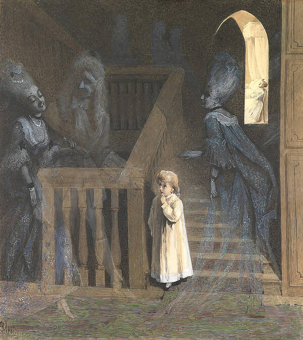 The Party on The Stairs, by Adelaide Claxton. A little girl near the start of the stairs looks curiously at three ghost ladies having a party. They do not interact with her.