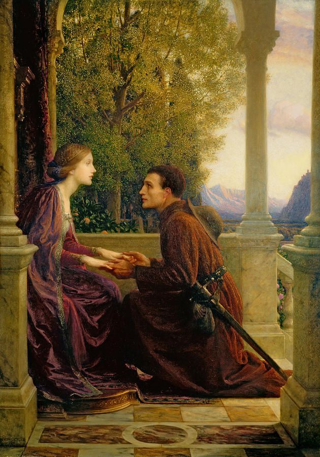 The End of the quest, by Frank Dicksee. A man kneels beside a woman at a porch, holding her hands. There is a tree behind them, a forest and mountains. She has a purple-red outfit, he wears a red long cloak alongside a satchel and a sword.