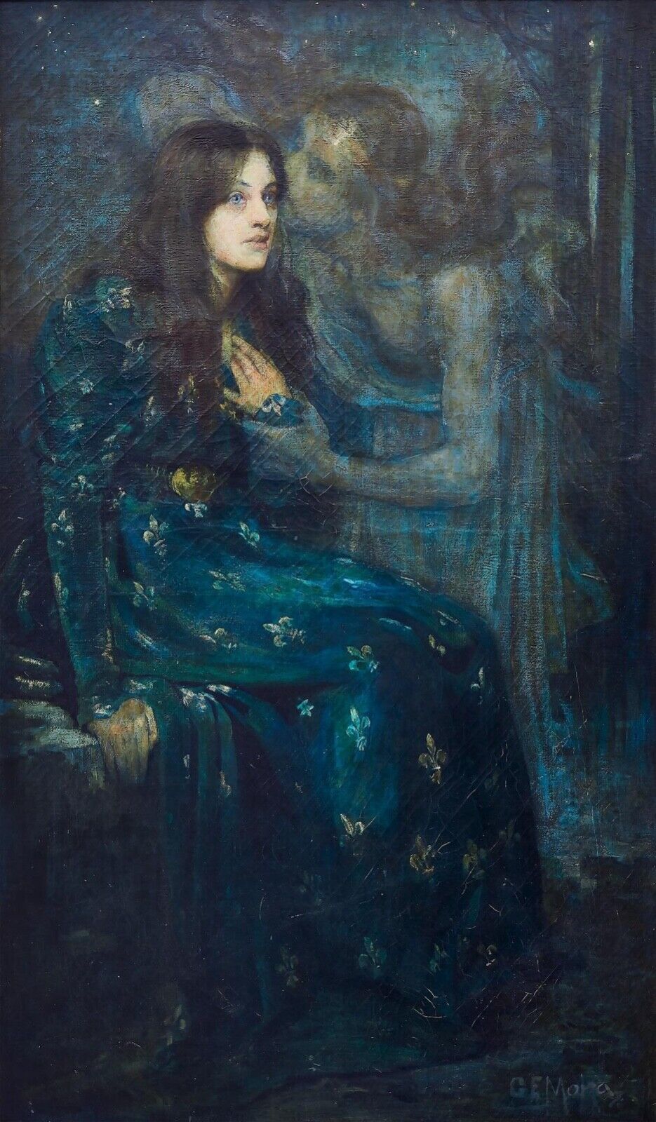 The Silent Voice by Gerald Moira. A girls hand is held by a translucent person as they whisper into her ear. She has long brown hair, a long blue dress, and vivid blue eyes that look into the distance in an uncanny sense.