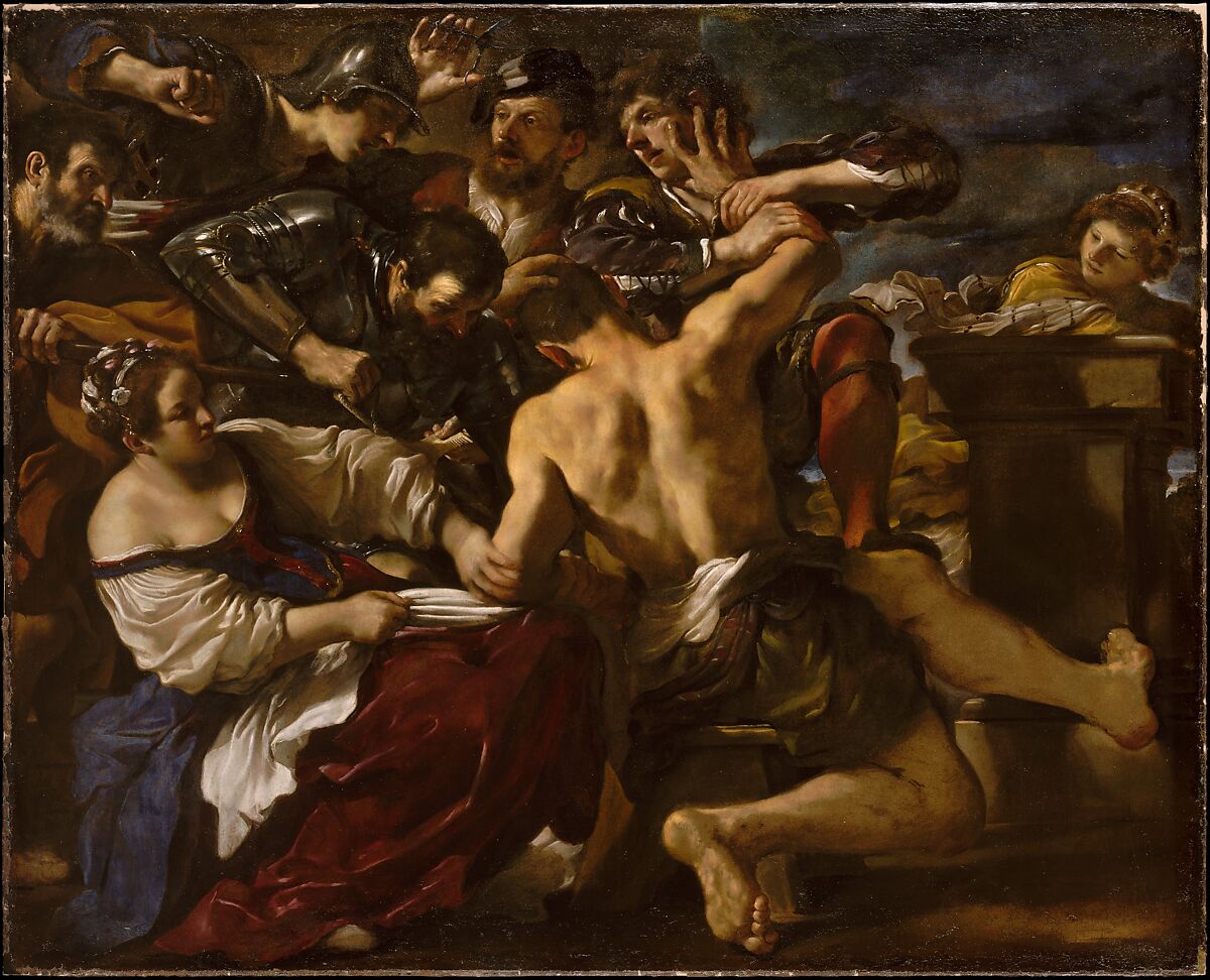 Samson captured by the Philistines by Guercino. Samson, with his hair cut, lost his powers and has men in armor and a woman fighting at him. Another woman stands in the background - she sent him there