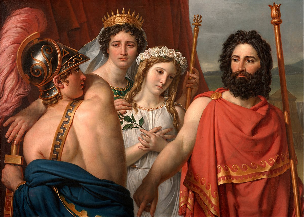 The anger of Achilles by Jacques-Louis David. Agamemnon reveals that he has brought a crying Iphigenia to sacrifice her to Artemis. Clytemnestra, her mother, looks grief striken. Achilles draws his sword.